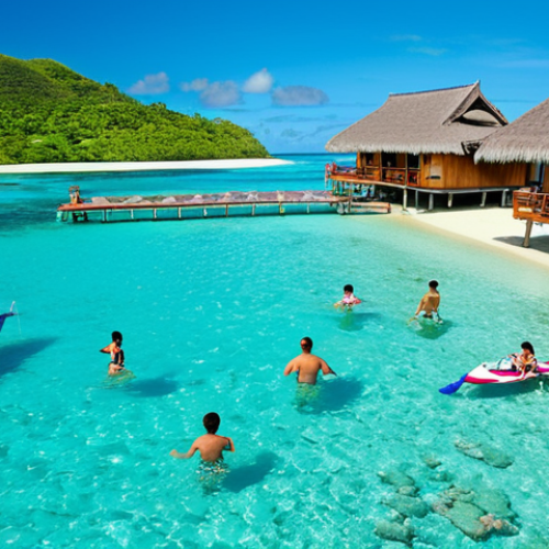 Home 11 **
"Lush tropical resort in Fiji, crystal clear turquoise water, overwater bungalows, Korean family enjoying water sports, vibrant coral reef visible, sunny day, emphasizing luxury and relaxation, promoting tourism investment."
**
