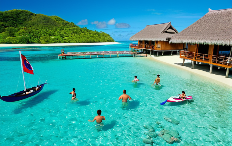 **
"Lush tropical resort in Fiji, crystal clear turquoise water, overwater bungalows, Korean family enjoying water sports, vibrant coral reef visible, sunny day, emphasizing luxury and relaxation, promoting tourism investment."
**
