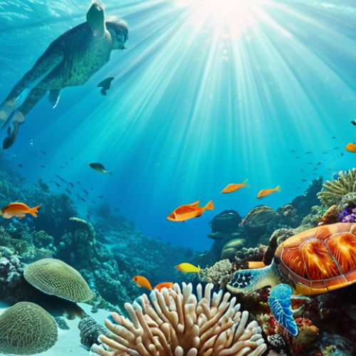 Home 6 **A vibrant underwater scene in Fiji.** Focus on colorful coral reefs teeming with tropical fish and a sea turtle gracefully swimming by. Clear, turquoise water with sunlight filtering through.
