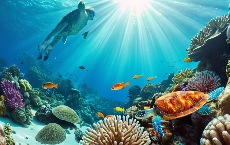 **A vibrant underwater scene in Fiji.** Focus on colorful coral reefs teeming with tropical fish and a sea turtle gracefully swimming by. Clear, turquoise water with sunlight filtering through.