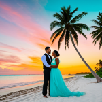 A joyful wedding couple, fully clothed in modest, elegant wedding attire, standing on a pristine white sand beach in Fiji at sunset. The turquoise ocean gently laps the shore, with vibrant orange and pink hues painting the sky. Lush green palm trees line the background, creating a serene, romantic atmosphere. The couple has perfect anatomy, correct proportions, and a natural, happy pose, with well-formed hands and proper finger count. Professional photography, high-resolution, cinematic lighting, appropriate content, safe for work, family-friendly.