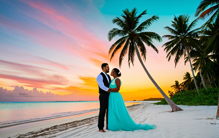 A joyful wedding couple, fully clothed in modest, elegant wedding attire, standing on a pristine white sand beach in Fiji at sunset. The turquoise ocean gently laps the shore, with vibrant orange and pink hues painting the sky. Lush green palm trees line the background, creating a serene, romantic atmosphere. The couple has perfect anatomy, correct proportions, and a natural, happy pose, with well-formed hands and proper finger count. Professional photography, high-resolution, cinematic lighting, appropriate content, safe for work, family-friendly.