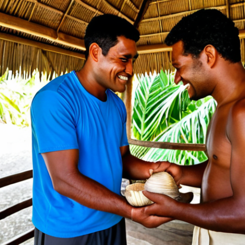 A friendly local Fijian man in traditional, modest attire, offering a shell of kava to a respectful tourist dressed in appropriate, light travel clothing, inside a traditional Fijian bure (hut) with natural light streaming in. The scene highlights cultural exchange and warm hospitality, reflecting the peaceful atmosphere of Fiji. safe for work, appropriate content, fully clothed, professional, modest, family-friendly, perfect anatomy, correct proportions, natural pose, well-formed hands, proper finger count, natural body proportions, high quality photography.