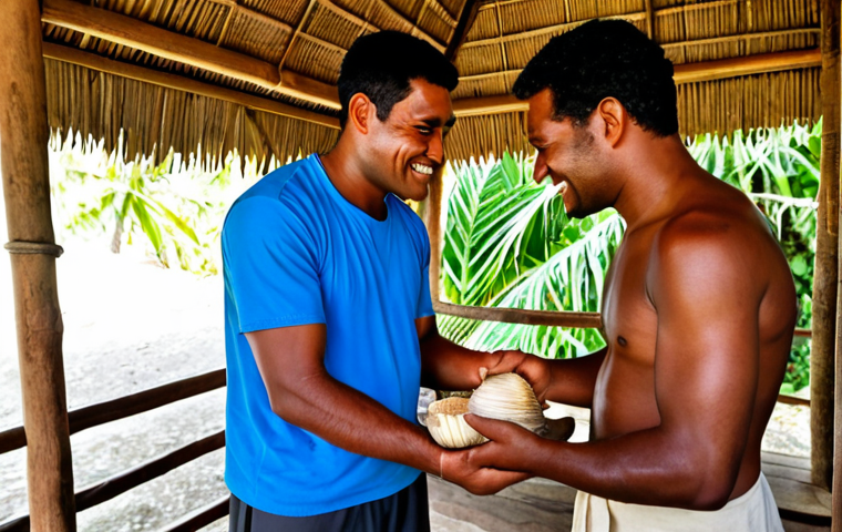 A friendly local Fijian man in traditional, modest attire, offering a shell of kava to a respectful tourist dressed in appropriate, light travel clothing, inside a traditional Fijian bure (hut) with natural light streaming in. The scene highlights cultural exchange and warm hospitality, reflecting the peaceful atmosphere of Fiji. safe for work, appropriate content, fully clothed, professional, modest, family-friendly, perfect anatomy, correct proportions, natural pose, well-formed hands, proper finger count, natural body proportions, high quality photography.