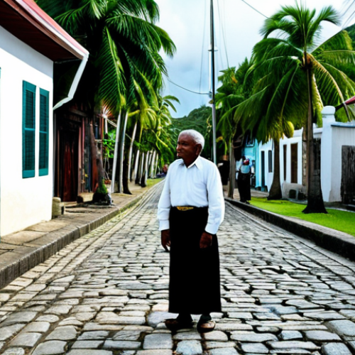 A serene Fijian elder, fully clothed in modest traditional attire, stands contemplatively on a narrow cobblestone street in a historic port town. Ancient wooden colonial buildings with detailed verandas line the street, their facades showing signs of age and history. Lush tropical palm trees and vibrant green foliage are visible in the background, contrasting with the aged architecture. The scene captures the timeless atmosphere of a living historical site. Professional photography, cinematic lighting, natural pose, perfect anatomy, correct proportions, well-formed hands, proper finger count, natural body proportions, high resolution, detailed, realistic, safe for work, appropriate content, fully clothed, modest, family-friendly.
