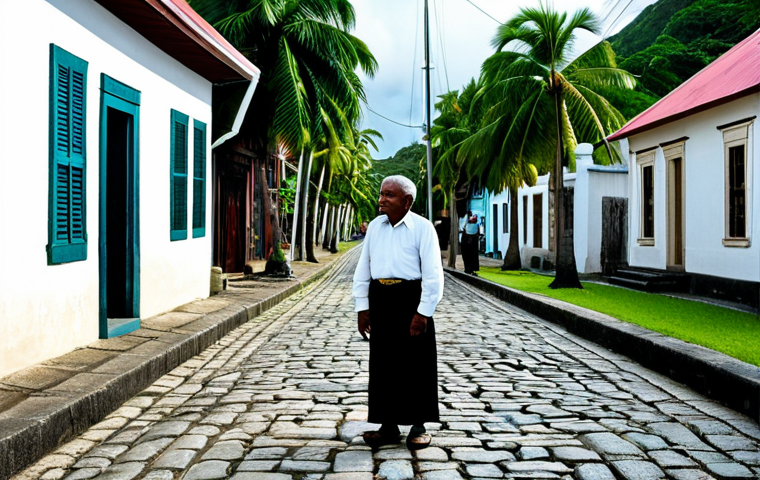 A serene Fijian elder, fully clothed in modest traditional attire, stands contemplatively on a narrow cobblestone street in a historic port town. Ancient wooden colonial buildings with detailed verandas line the street, their facades showing signs of age and history. Lush tropical palm trees and vibrant green foliage are visible in the background, contrasting with the aged architecture. The scene captures the timeless atmosphere of a living historical site. Professional photography, cinematic lighting, natural pose, perfect anatomy, correct proportions, well-formed hands, proper finger count, natural body proportions, high resolution, detailed, realistic, safe for work, appropriate content, fully clothed, modest, family-friendly.