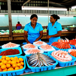 Vibrant Fiji Seafood Market**

"A bustling Fiji seafood market scene. Fishmongers displaying freshly caught fish, crabs, and octopus on ice. Customers browsing and interacting with vendors, all fully clothed in modest attire. Colorful displays of tropical fruits and vegetables in the background. Safe for work, appropriate content, perfect anatomy, natural proportions, professional photography, high quality."

**