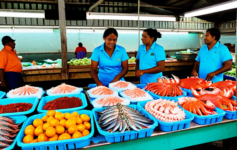 Vibrant Fiji Seafood Market**

"A bustling Fiji seafood market scene. Fishmongers displaying freshly caught fish, crabs, and octopus on ice. Customers browsing and interacting with vendors, all fully clothed in modest attire. Colorful displays of tropical fruits and vegetables in the background. Safe for work, appropriate content, perfect anatomy, natural proportions, professional photography, high quality."

**