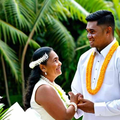 **

"A Fiji wedding ceremony. The groom in a traditional Sulu and vest, the bride in a white dress adorned with pearls and flowers, both fully clothed, appropriate attire. A "Sevusevu" ceremony is taking place with Kava being presented. Lush tropical background, safe for work, perfect anatomy, natural proportions, professional photography, high quality, family-friendly."

**