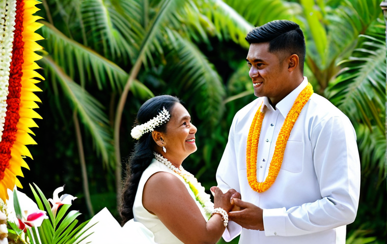 **

"A Fiji wedding ceremony. The groom in a traditional Sulu and vest, the bride in a white dress adorned with pearls and flowers, both fully clothed, appropriate attire. A "Sevusevu" ceremony is taking place with Kava being presented. Lush tropical background, safe for work, perfect anatomy, natural proportions, professional photography, high quality, family-friendly."

**