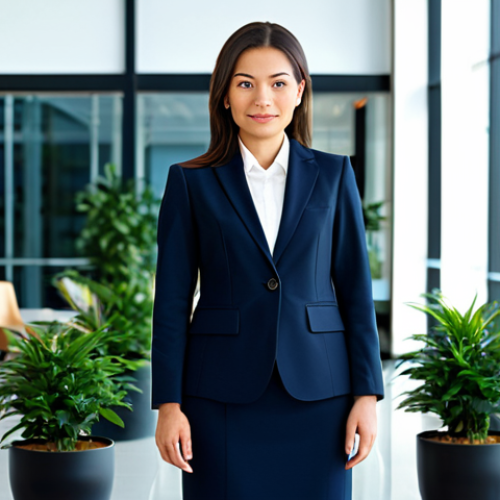 Professional in a Modern Setting**

"A professional businesswoman in a modest, dark navy business suit, standing confidently in a bright, modern office lobby with glass walls and potted plants, fully clothed, appropriate attire, safe for work, perfect anatomy, natural proportions, professional portrait photography, high quality"

**