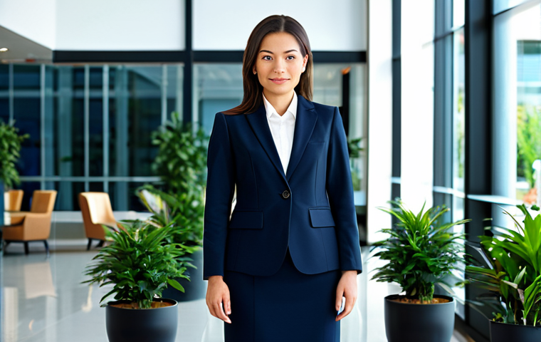 Professional in a Modern Setting**

"A professional businesswoman in a modest, dark navy business suit, standing confidently in a bright, modern office lobby with glass walls and potted plants, fully clothed, appropriate attire, safe for work, perfect anatomy, natural proportions, professional portrait photography, high quality"

**