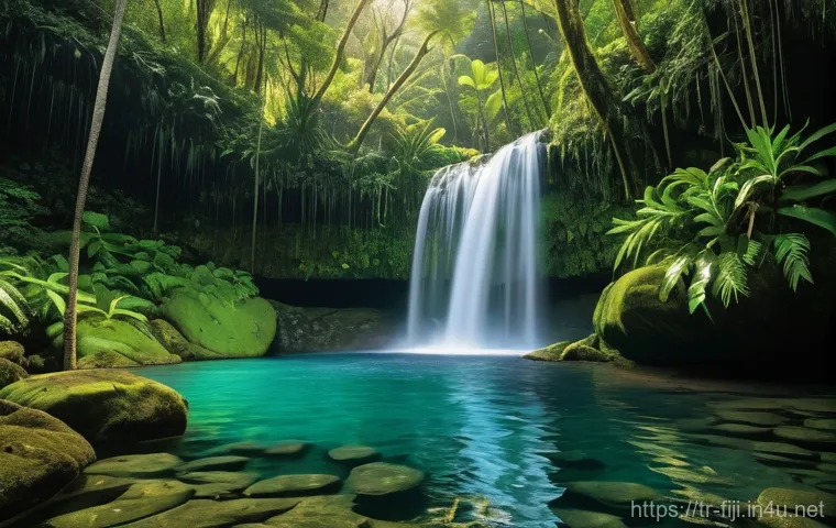 피지 국립공원 탐방 - **Prompt:** A vibrant and serene scene depicting the Tavoro Waterfalls within Fiji's Bouma National ...