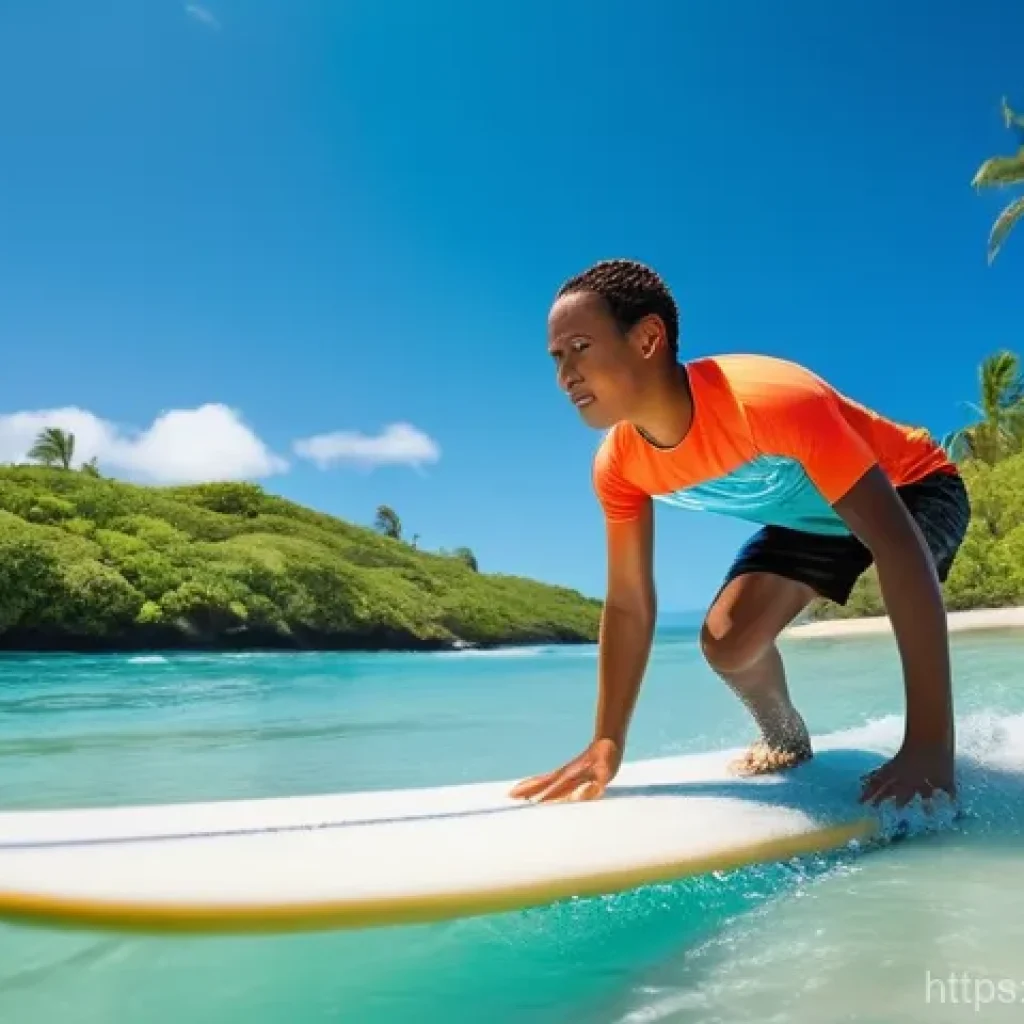 피지에서 서핑하는 법 - **Prompt 1: Beginner's Joy at Natadola Beach**
"A young adult, wearing a modest rashguard and bo...