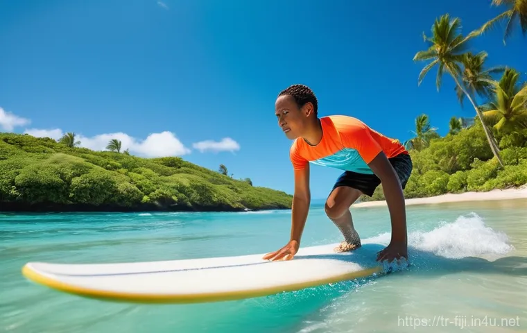 피지에서 서핑하는 법 - **Prompt 1: Beginner's Joy at Natadola Beach**
"A young adult, wearing a modest rashguard and bo...