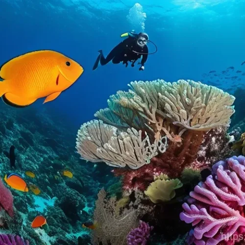 Home 23 피지에서의 스쿠버 다이빙 강습 - **Vibrant Soft Coral Garden with Diverse Marine Life in Fiji:**
An underwater wide shot of a bre...