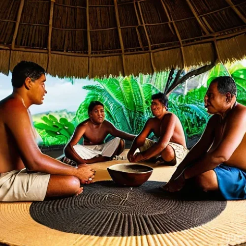 Home 22 피지 원주민 생활 - **Fijian Kava Ceremony in a Traditional Village:**
"A serene and authentic Kava ceremony unfolds...