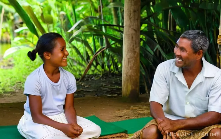 피지 여행 중 금기사항 - **Fijian Village Welcome Ceremony:** "A group of respectfully dressed tourists, comprising men and w...